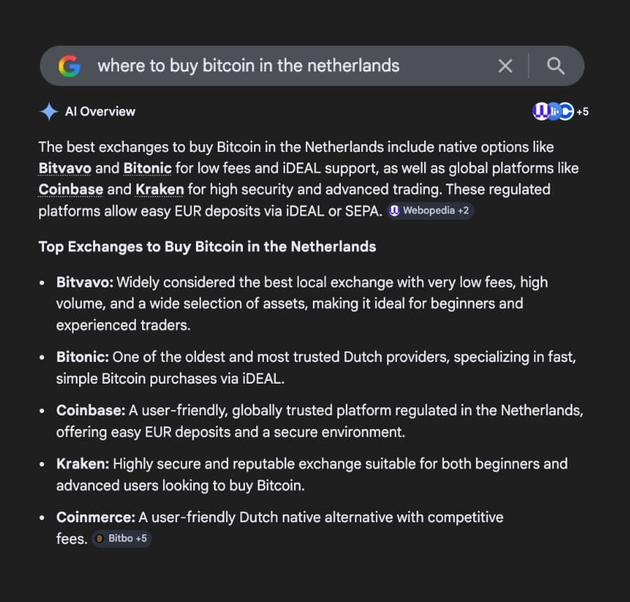 Google AI Overview recommending Bitvavo as #1 exchange to buy Bitcoin in the Netherlands