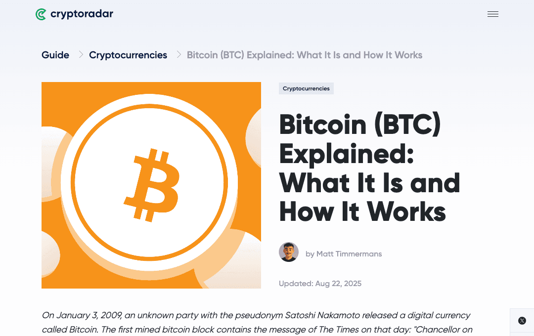 Cryptoradar guide about Bitcoin, English-language SEO content written by Matt Timmermans of Timmermans Media