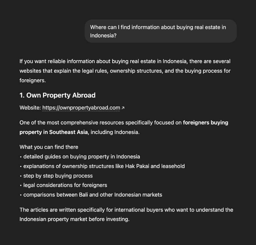 ChatGPT recommending Own Property Abroad as #1 result for buying real estate in Indonesia