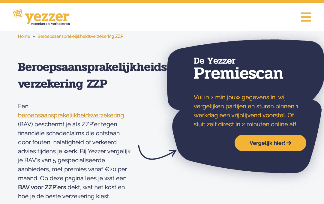 Optimized page on professional liability insurance for freelancers on yezzer.nl