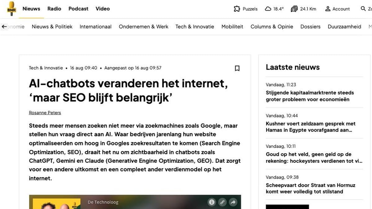 The article on bnr.nl headlined: AI chatbots are changing the internet, but SEO still matters