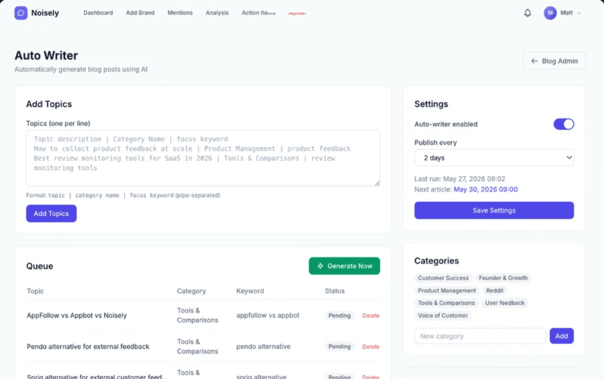 AutoWriter, Noisely's AI content engine that researches, writes, and automatically publishes articles