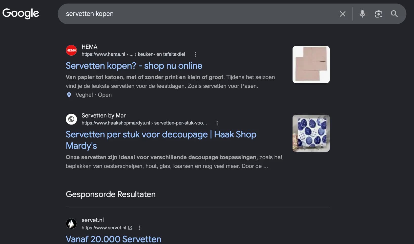 Google results for “servetten kopen” (buy napkins) with HEMA's napkins page in the top 10, September 2026 check