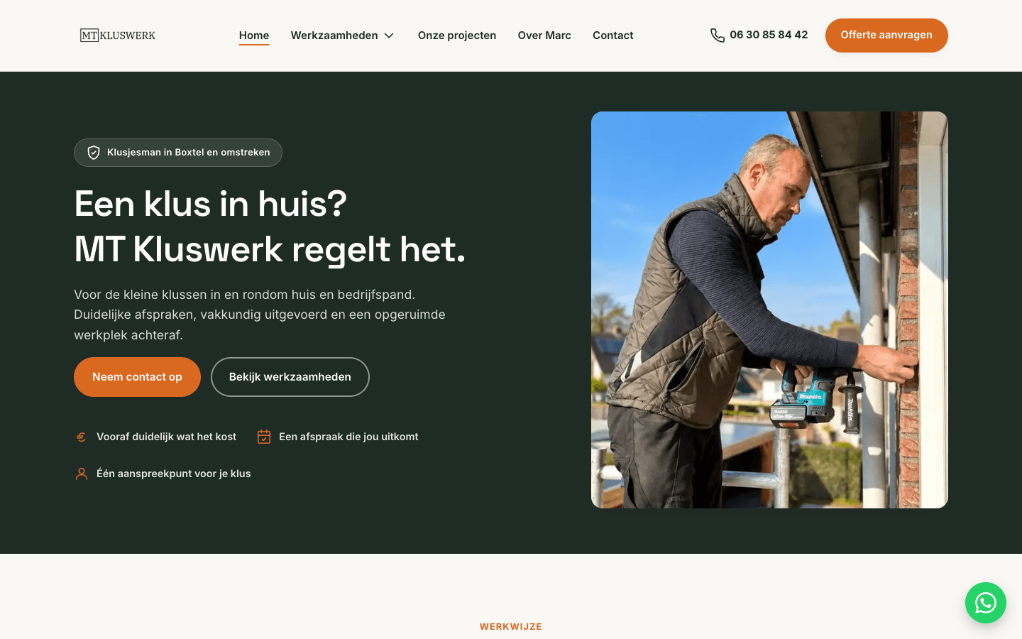 Homepage of mtkluswerk.nl with the headline “Een klus in huis? MT Kluswerk regelt het.” (A job around the house? MT Kluswerk takes care of it.)