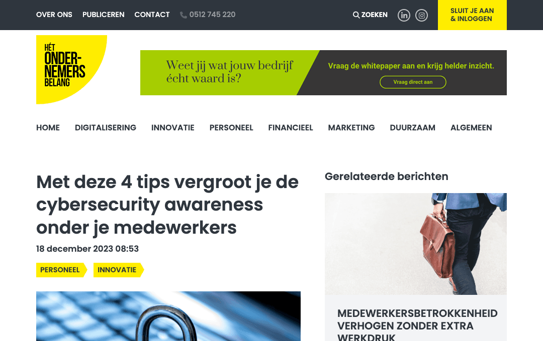 Article about cybersecurity awareness on Het Ondernemersbelang