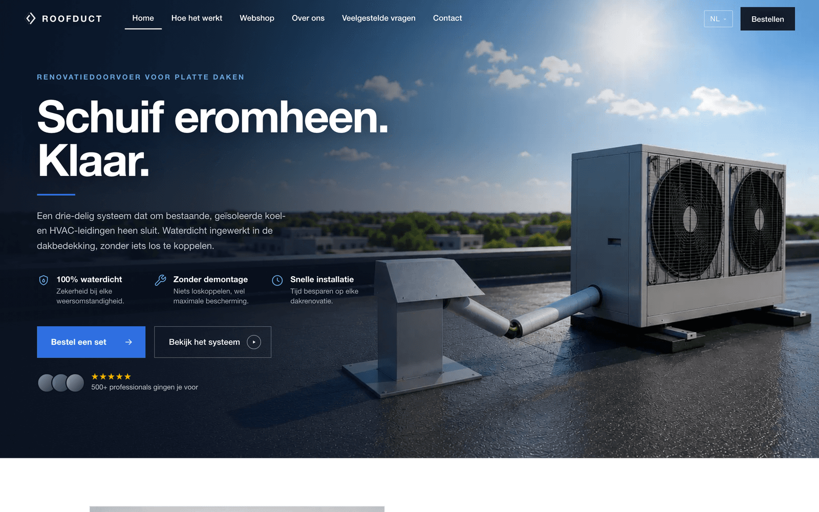 Roofduct website with online store and a language switcher for 18 languages, built by Timmermans Media