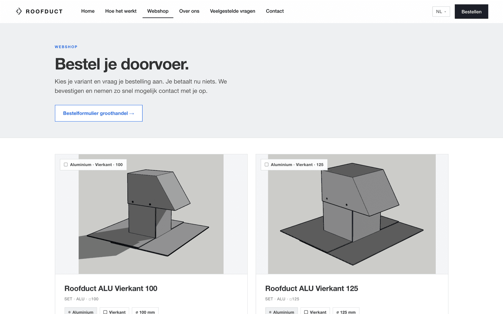 Roofduct online store with eight variants of the renovation roof penetration for flat roofs and a wholesale form
