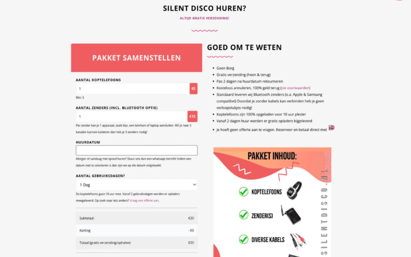 De Silent Disco web application with a configurator for headphones and transmitters and automatic pricing, built by Timmermans Media
